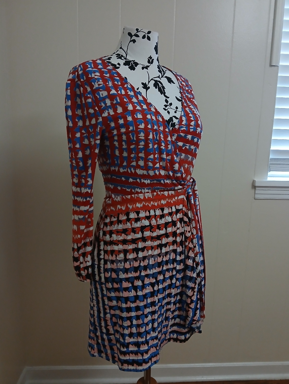 BCBGMaxAzria Red, Blue and White Long Sleeve Wrap Dress